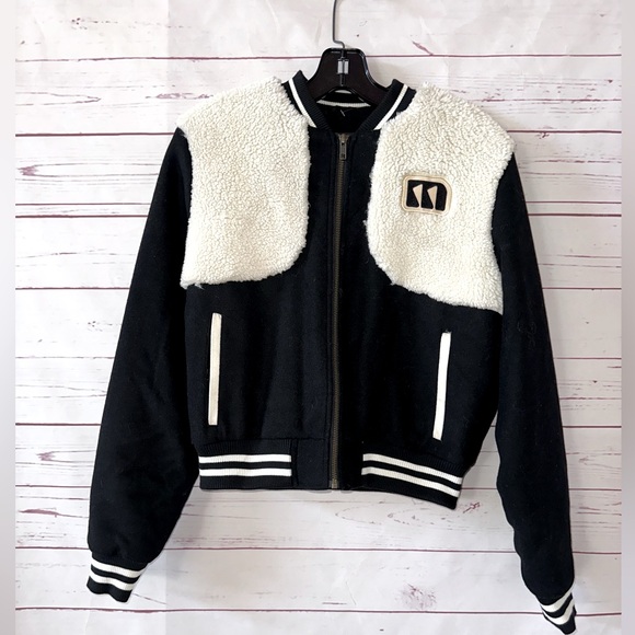 MOTHER Size XS The Vested Varsity Bomber Jacket Faux Fur Black Wool Blend NEW - Picture 1 of 16